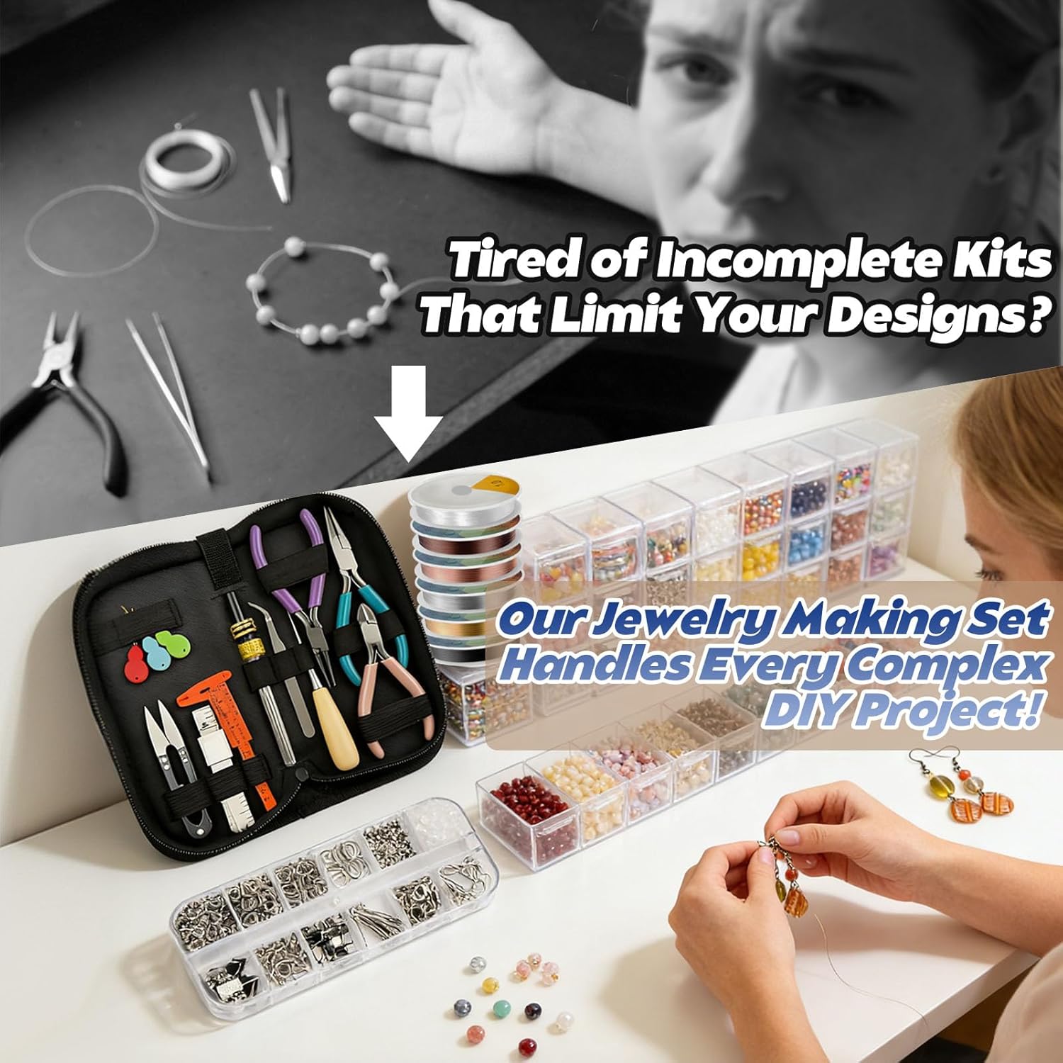 Queenme Jewelry Making Supplies Kit: DIY Tools with Pliers, Wires, Charms and Findings for Handmade Bracelets Necklaces Earrings - Home Jewelry Repair Set for Adult Crafters
