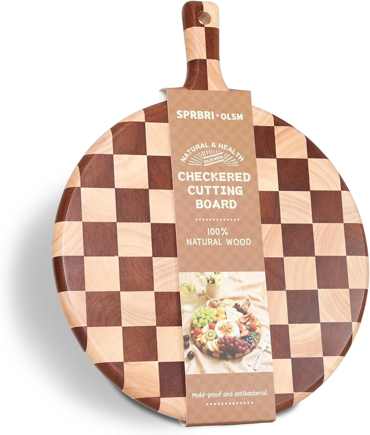 Checkered Round Cutting Board with Handle for Kitchen Decor, 17"L x 13"W x 1" Thick – Wooden Chopping, Cheese & Charcuterie Board in Acacia Wood, Decorative Serving Platter for Meat, Bread & Pizza