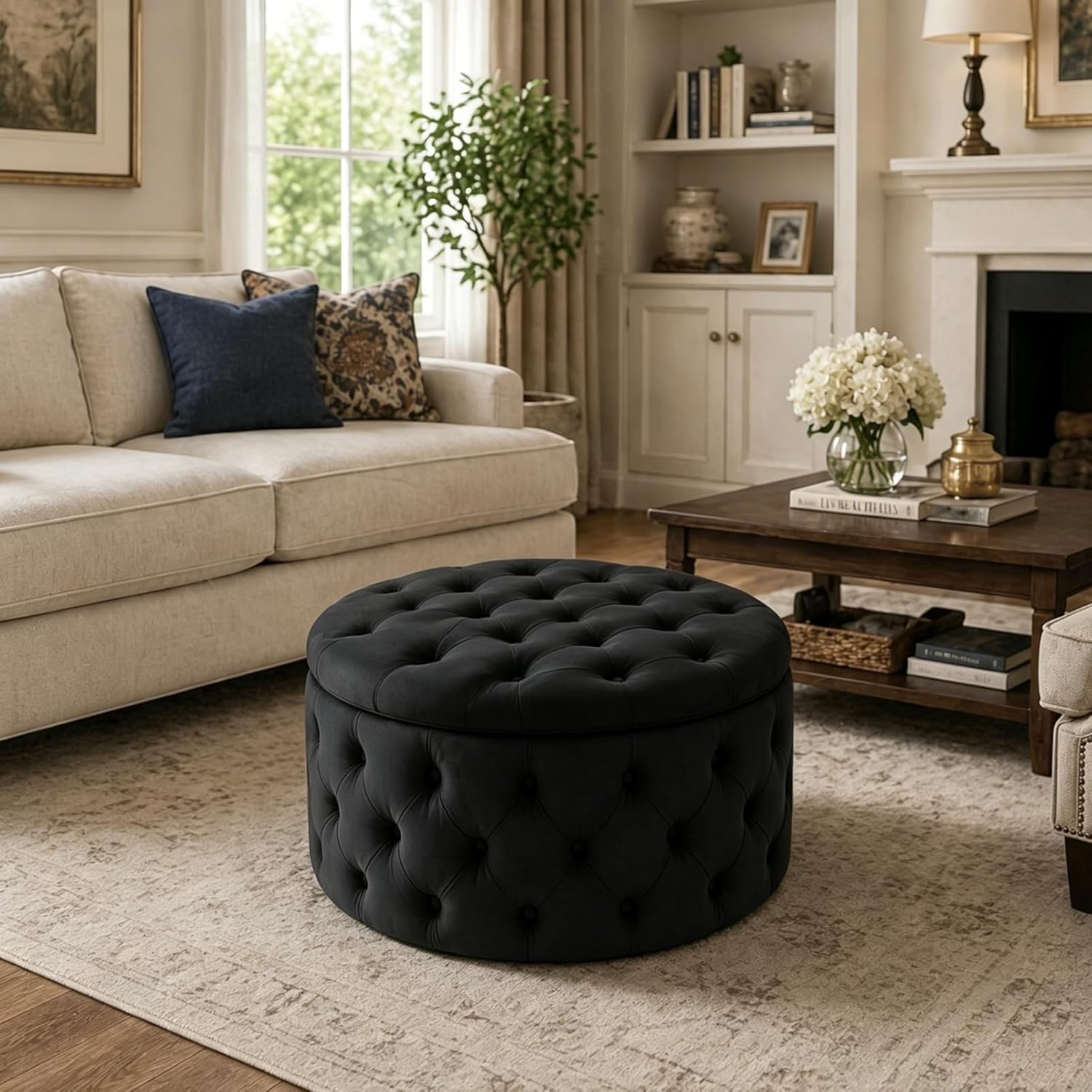 Homebeez 28 Inch Round Velvet Storage Ottoman, Button Tufted Footrest Stool Coffee Table for Living Room, Black