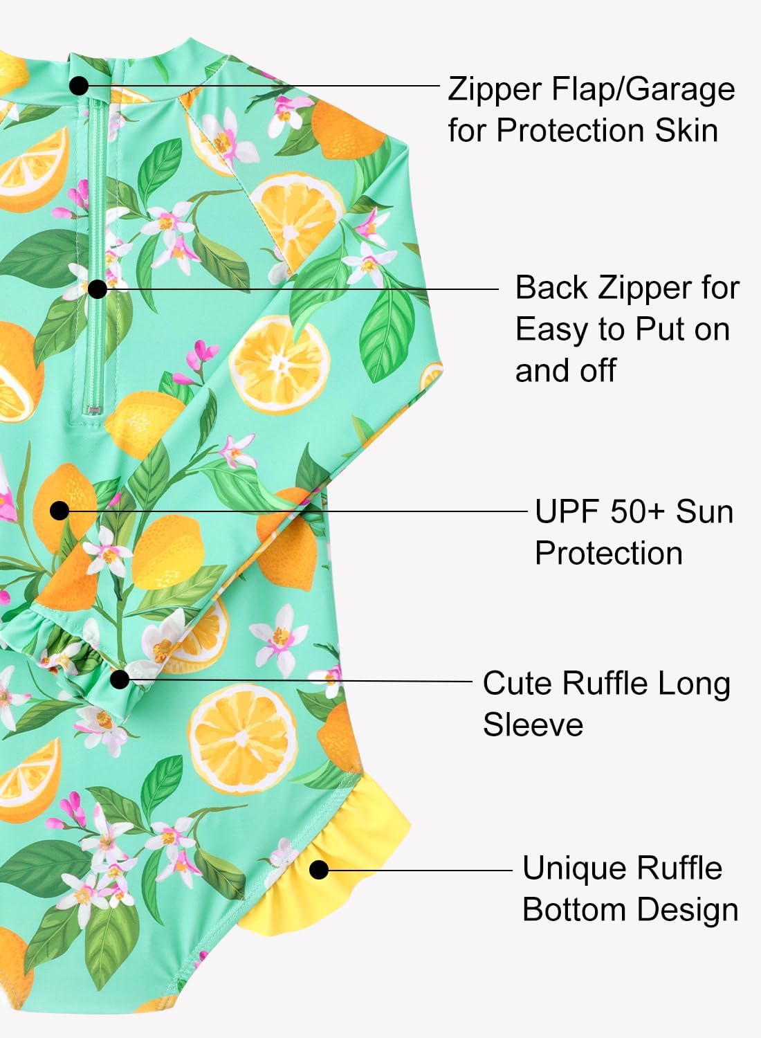 Baby Toddler Girl Long Sleeve Ruffle Swimsuit One Piece Zipper Rash Guard Bathing Suit with UPF 50+ Sun Protection - Image 3