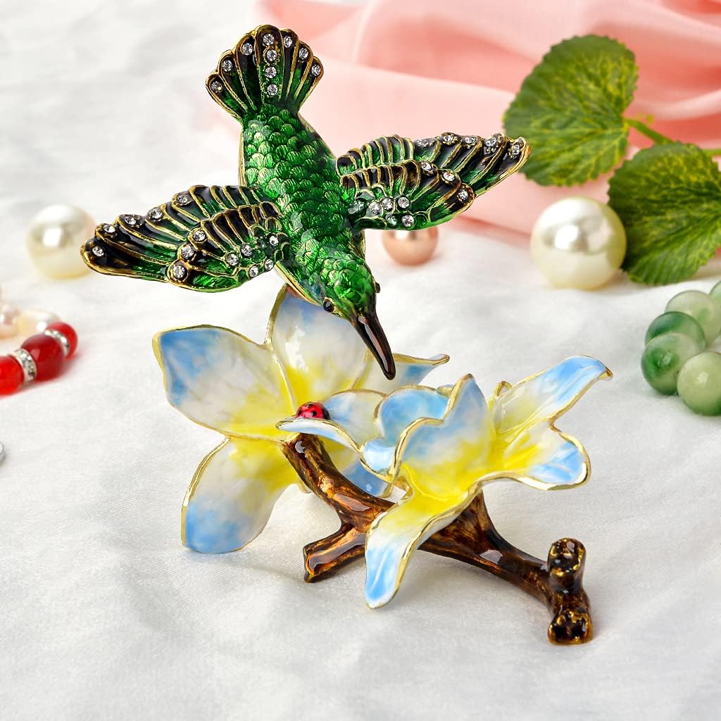 Hummingbird Figurine Home Decor Bird Trinket Jewelry Box, Enameled Hand-Painted Hinged Trinket Box, Elegant Home Décor & Unique Gift for Bird Lovers