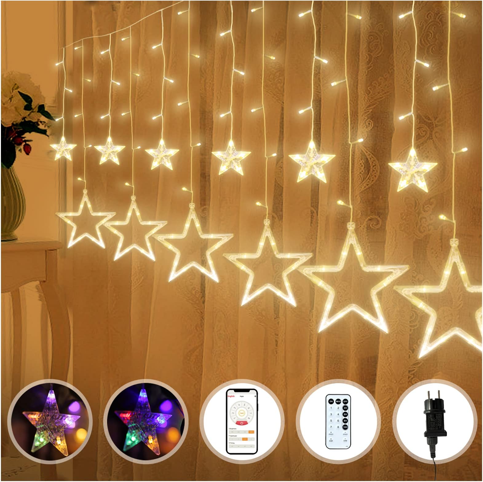 GlobaLink Sternenvorhang Lichterkette 88cm - 5 Sterne Weihnachtsbeleuchtung Batterie