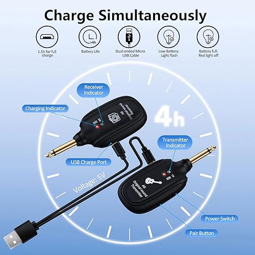 Miniatura 5 de Sistema de guitarra inalámbrico A8 UHF, 2 modos, batería recargable de litio, rango de 100 pies, Plug & Play para guitarra, bajo, violín, teclado,