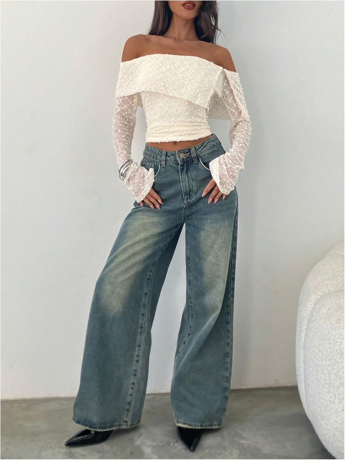 Milumia Women's Off The Shoulder Crop Top Sheer Long Sleeve Ruched Fitted Going Out Tee Tops - Image 5