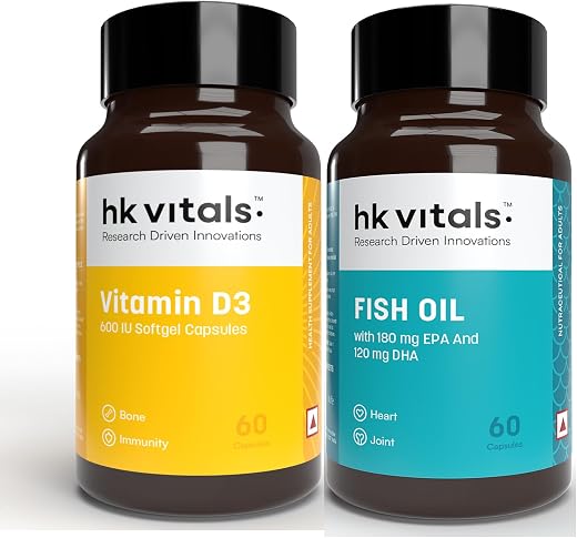 hk vitals Vitamin D3 (600 IU) & Fish Oil (1000mg Omega 3 with 180mg EPA & 120mg DHA) (60 Tablets Each) | Combo Pack