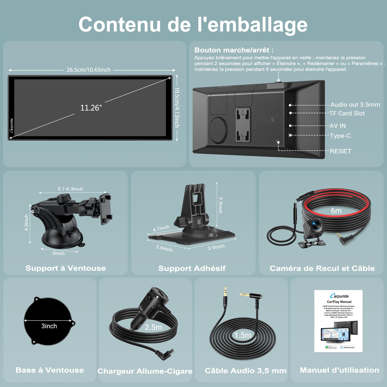 Carpuride W125P CarPlay Écran avec Net-flix Youtube, Sans Fil Carplay & Android Auto, 11,26" HD Tactile Écran avec Caméra Recul, Android OS, Affichage Partagé, OTA, Navigation, BT Trans, FM/AUX, Siri.