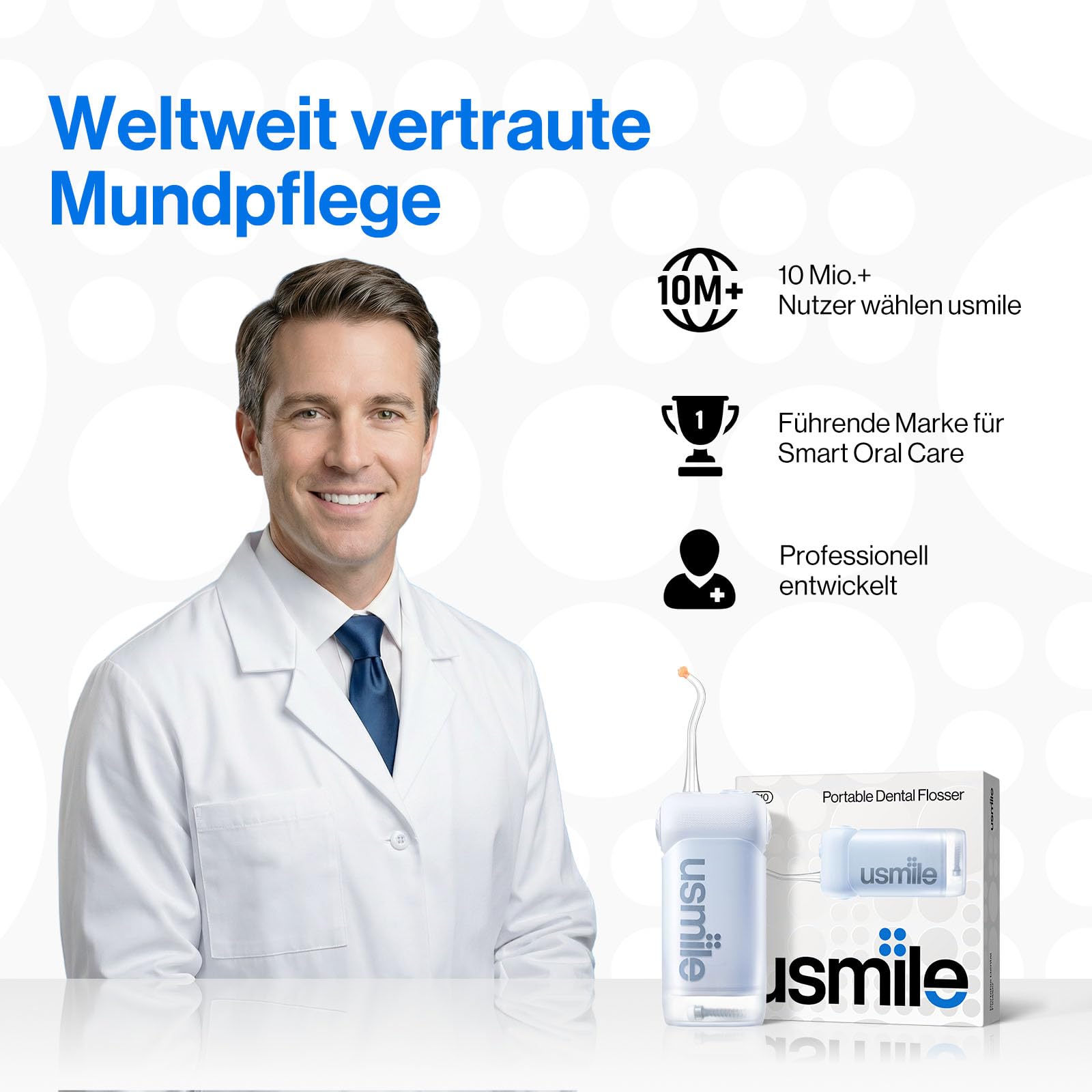 usmile C10 Tragbare Munddusche – 95 Tage Akkulaufzeit, 4 Reinigungsmodi, 180 ml Tank, IPX7 Wasserdicht, Ideal für Reisen, Zahnspangen, Implantate & Empfindliches Zahnfleisch (Blau)