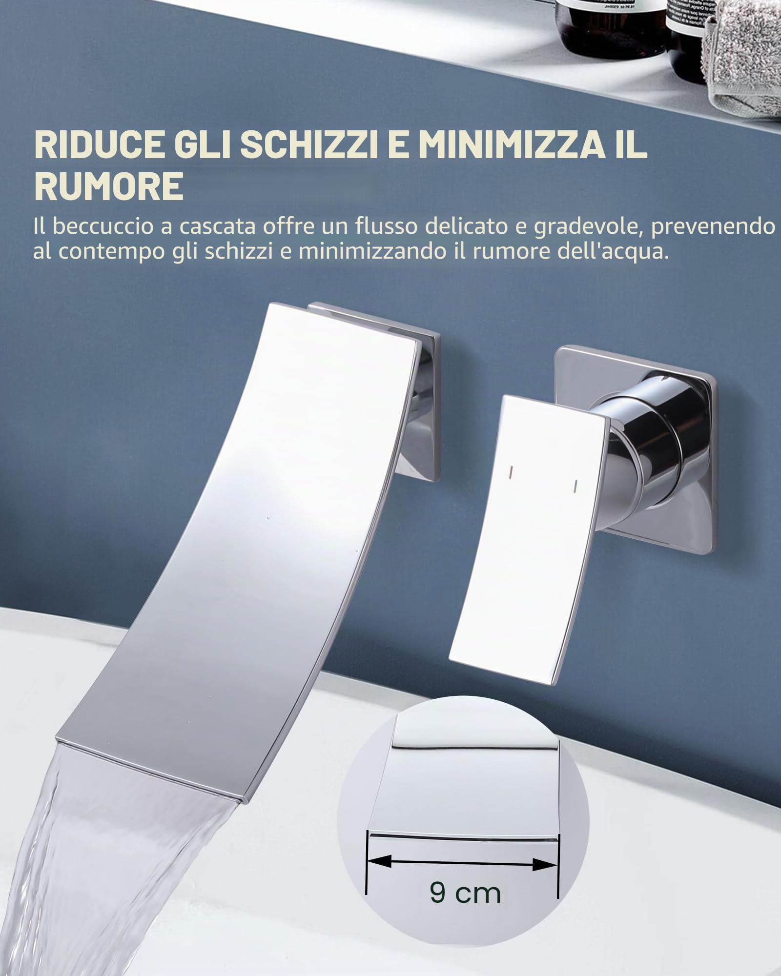 Rubinetto da bagno a cascata: rubinetto da incasso per montaggio a parete – Rubinetto a parete a 2 fori con manico semplice e beccuccio grande, miscelatore per bagno, cromato