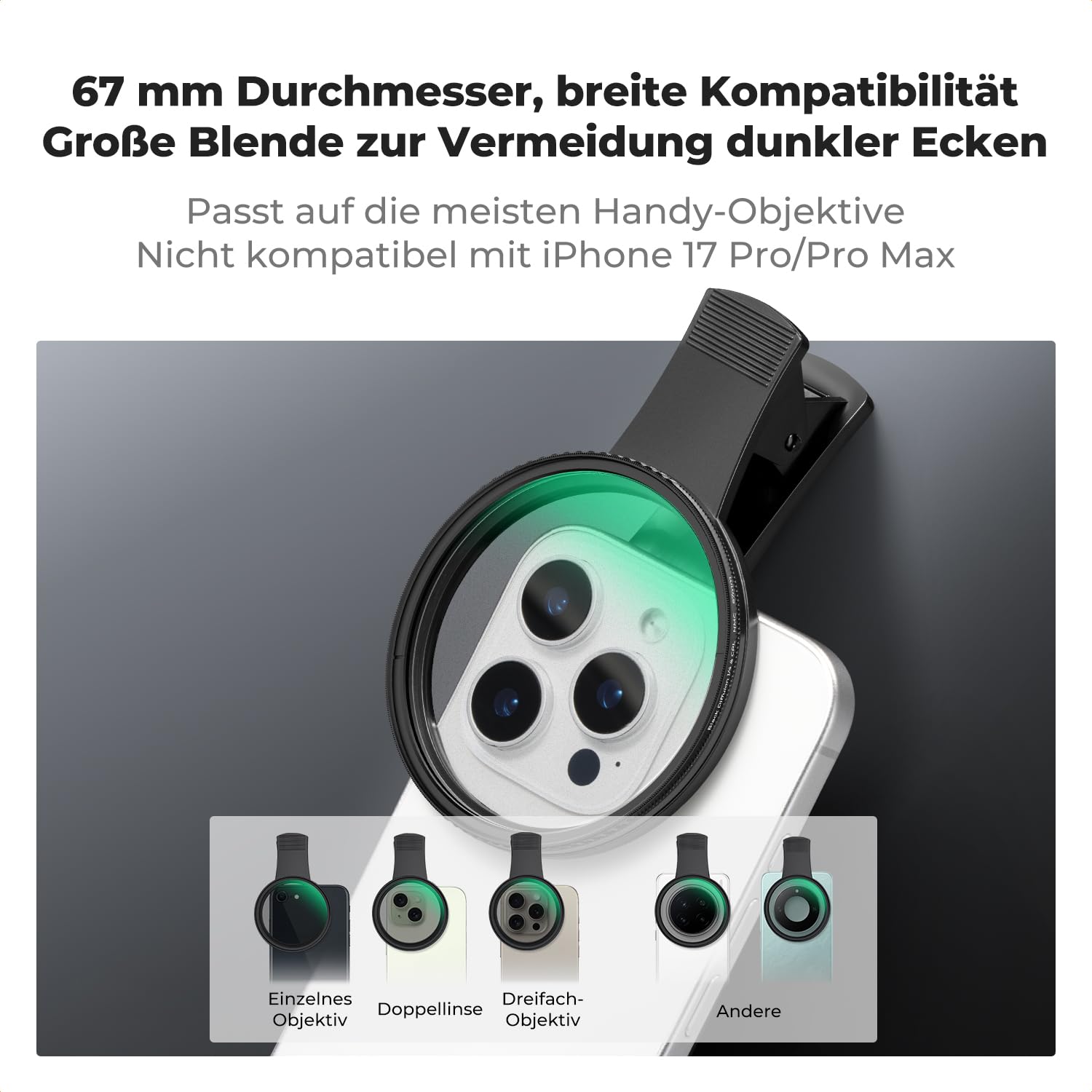 K&F CONCEPT K-Serie 67mm CPL Filter Handy Cirkular Polfilter, Schraubfilter CPL-Objektivfilter für Kameraobjektive, Clip-On-Handy-Filter für iPhone 16 15 14 13 Series Galaxy S24 S23 S22 Ultra