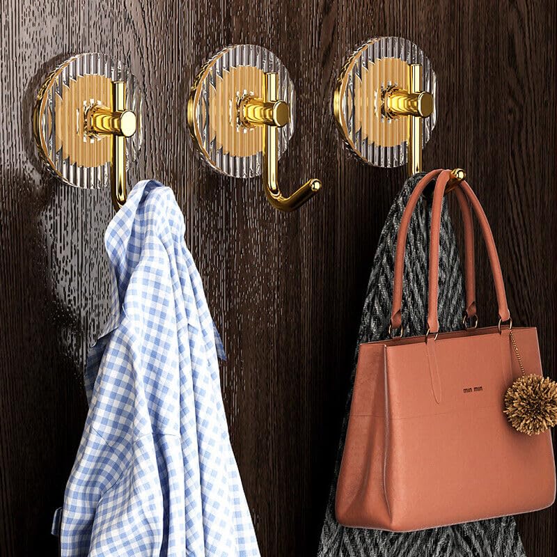 Image of Self Adhesive Golden Wall Hook Hanger with Magic Stiker Acrylic Transparent Adhesive Hooks for Wall-Set of 5pcs (Golden Hook-5)