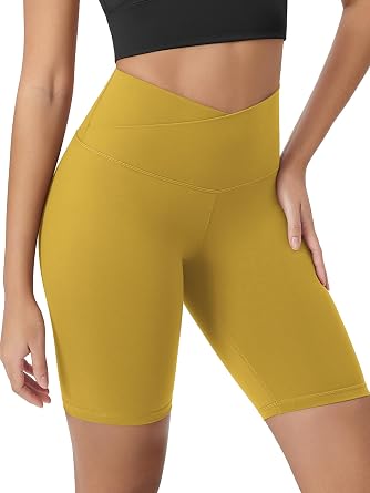 ODODOS Womens Crossover Yoga Shorts with Back Pocket, 6" / 8" V High Wasit Lounge Biker Shorts