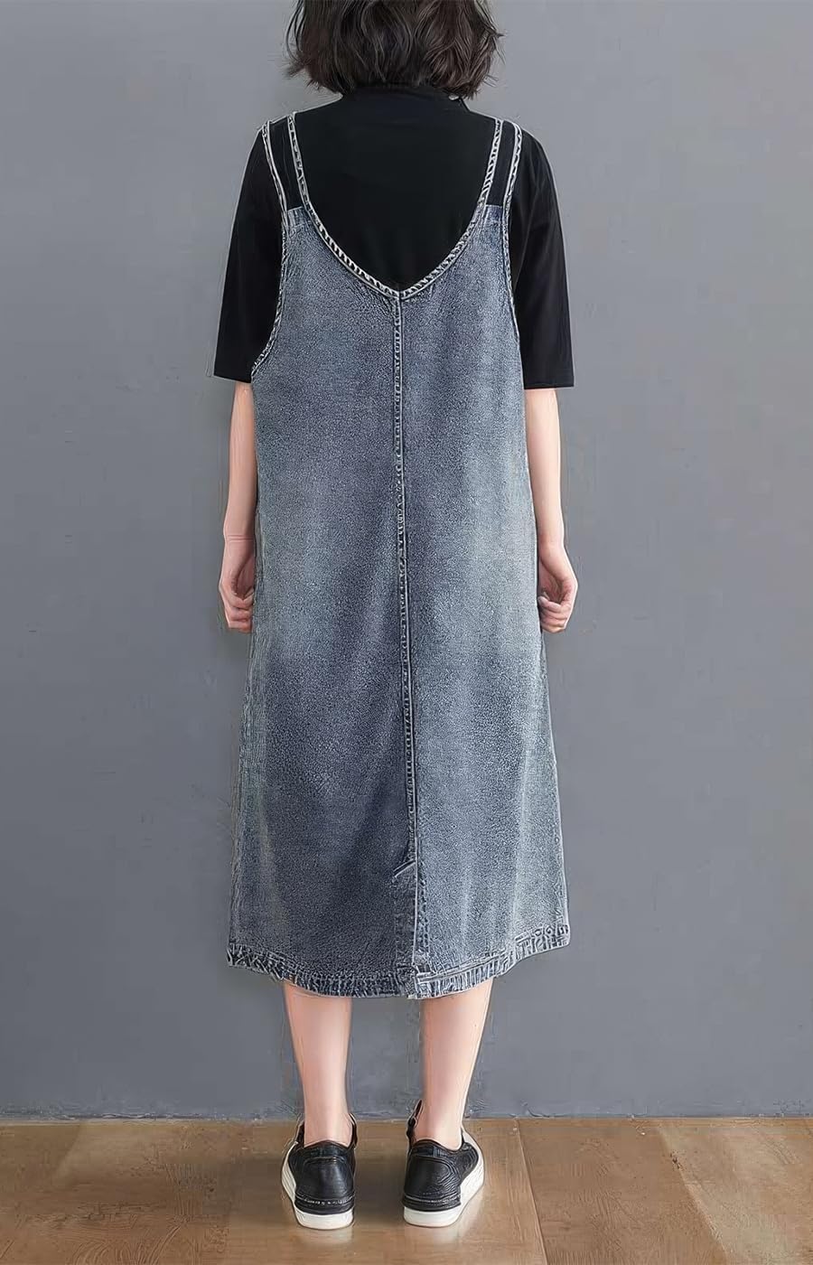ebossy Women's Sleeveless V Neck Denim Overall Jumper Dress Casual Loose Double Spaghetti Straps Midi Jean Dress - Image 5