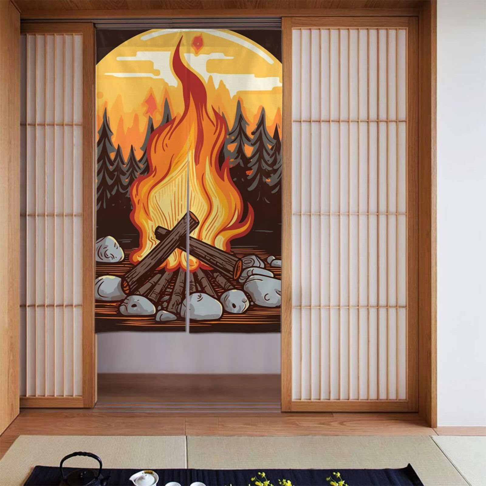 FodPand Personalized Door Curtain for Doorway Privac 34"X 56", Blackout Kitchen Curtains Window Treatment 2 Panel Bonfire Door Curtain Tapestry Hanging Room Divider Home Decor