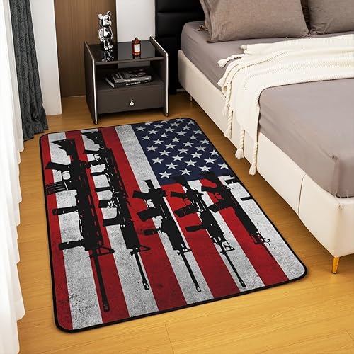 Miniatura 4 de jejeloiu Tapete de interior con bandera americana, 5 x 7 pies, ametralladoras, alfombra decorativa militar para sala de estar