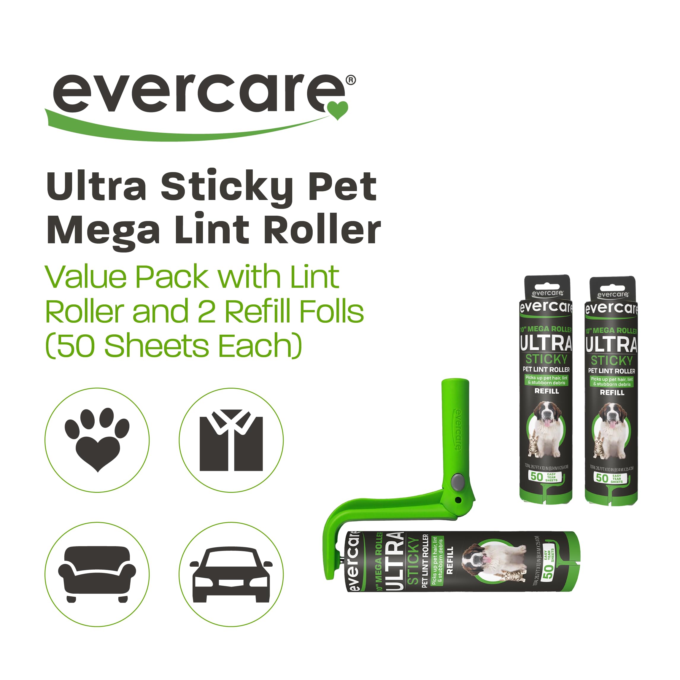 Evercare Ultra Sticky Pet Mega Fusselrolle Vorteilspack mit Fusselrolle und 2 Nachfüllrollen, je 50 Blatt
