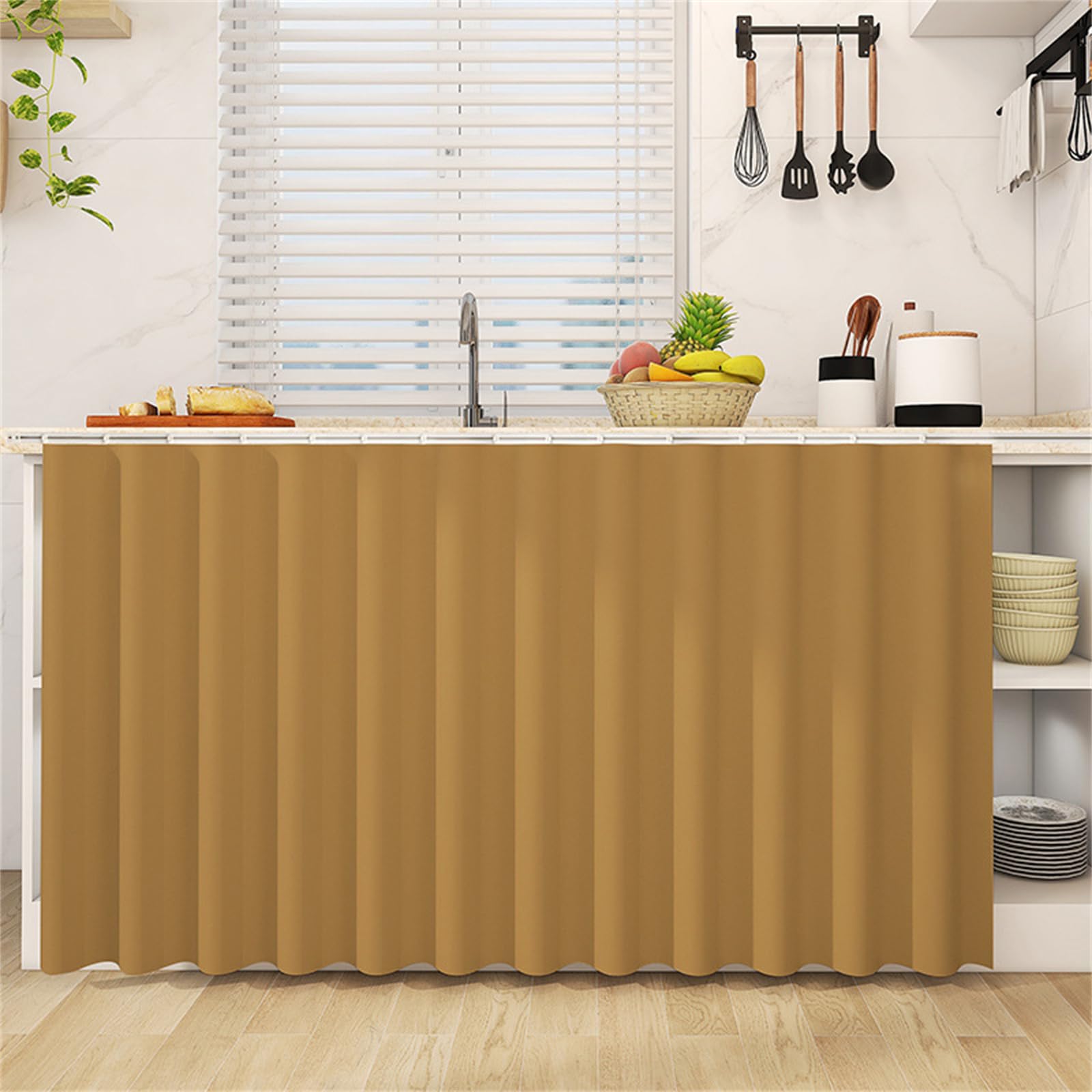 Highdi Cupboard Short Curtain Kitchen, Hide Away Small Curtains for Kitchen Cupboard Door - No Drilling Is Required with Hook and Loop for Under Sink-Solid Colour (Earth Yellow,70 * 100cm)