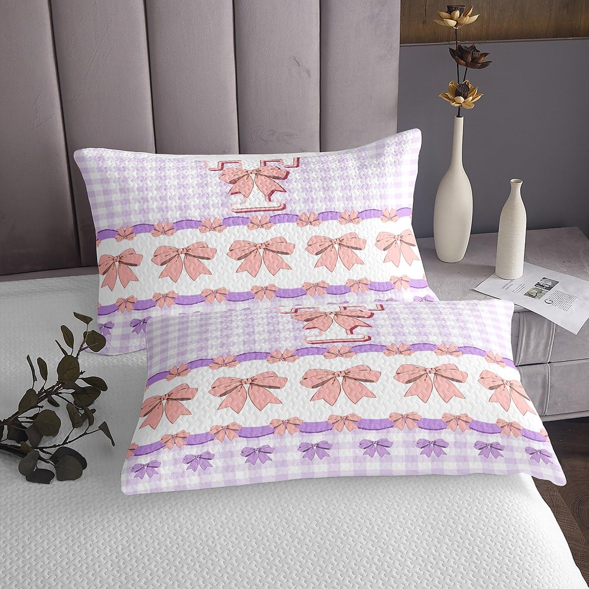 Początkowo A-Z kołdra w rozmiarze L, Kawaii Bow Tie Purple Checkered zestaw z 2 poszewkami na poduszkę, różowa kokardka, nadruk T, zestaw dla dzieci i dorosłych, oddychająca
