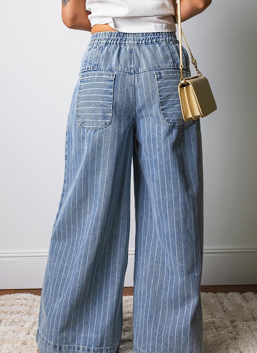 chouyatou Women's Baggy High Waist Striped Denim Pant Boyfriend Y2k Pleated Flared Wide Leg Culotte Jeans