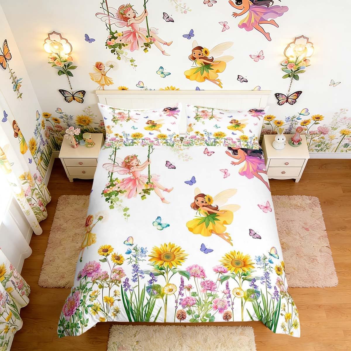 Homemissing Flower Fairy Duvet Cover Set Cot Size Girls Cute Cartoon Fairy Duvet Cover for Kids Teens Floral Butterfly Bedding Set Breathable Princess Decor Bedroom Decor Bedclothes โ image 1