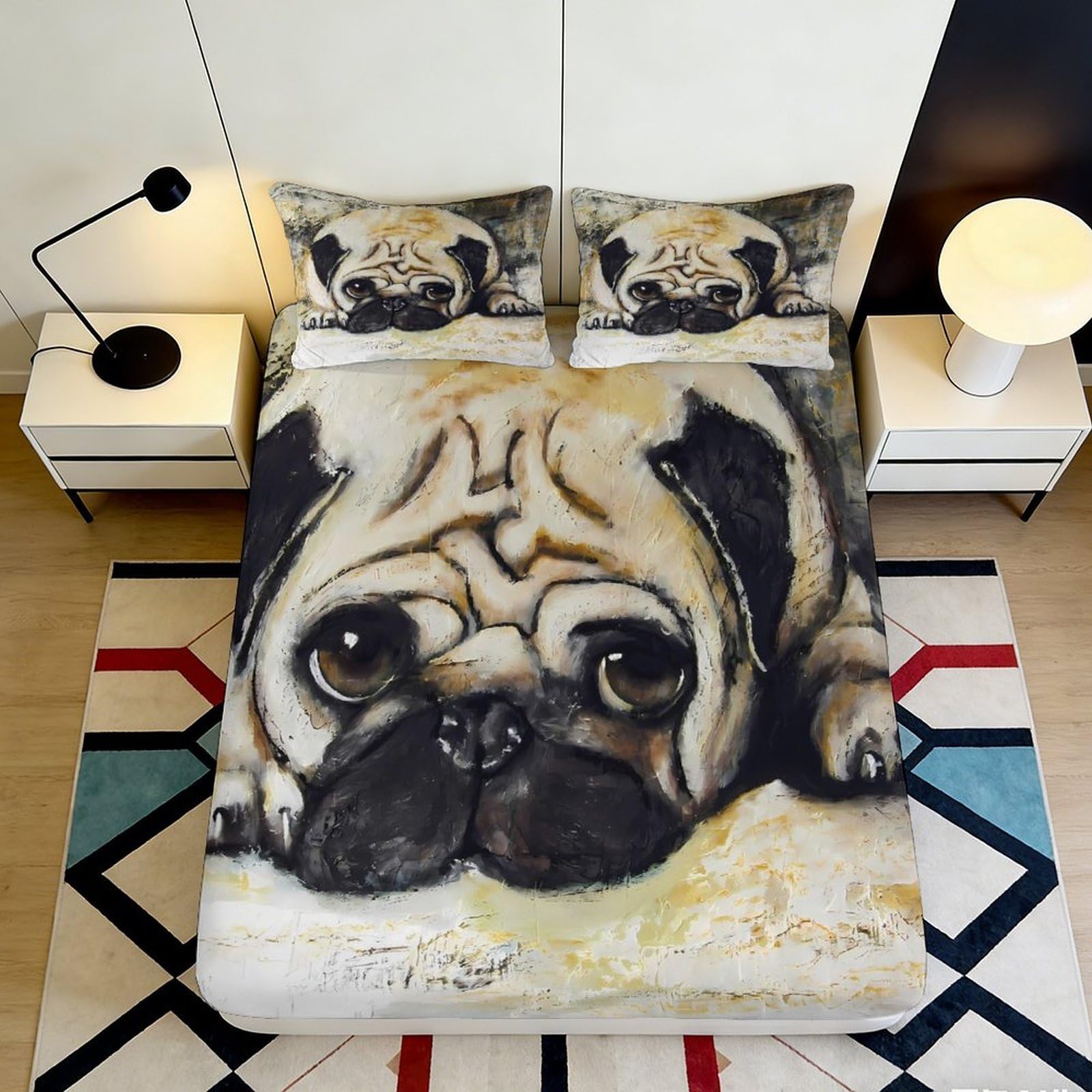 Uxinyoume Style-3 3D Printed Pug Dog Fitted Sheet Microfiber Soft Anti-Slip Cartoon Animal Bed Cover For Bedroom Dorm Home Decor 90X200x25cm