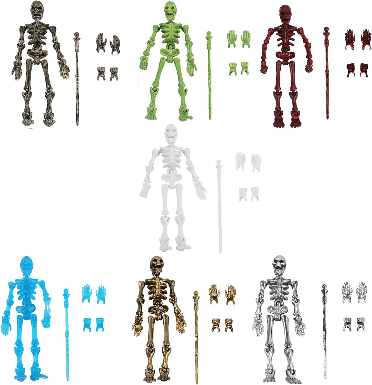 7 Set Skeleton Action Figure Toy, Multi-Jointed Movable Dummy T13 Articulated Robot Figure, Fantasy Warrior Undead Skeleton Death Magician Warlock Display Model (Assembly Required)