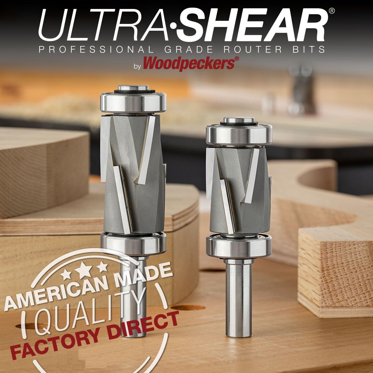 Jumbo Compression Router Bit Set – 3+3 Flute 1/2" Shank, 1-1/4" Diameter, 2" Cut Length – Carbide-Tipped Pattern & Template Routing Bearing Bits – USA Made US531220C