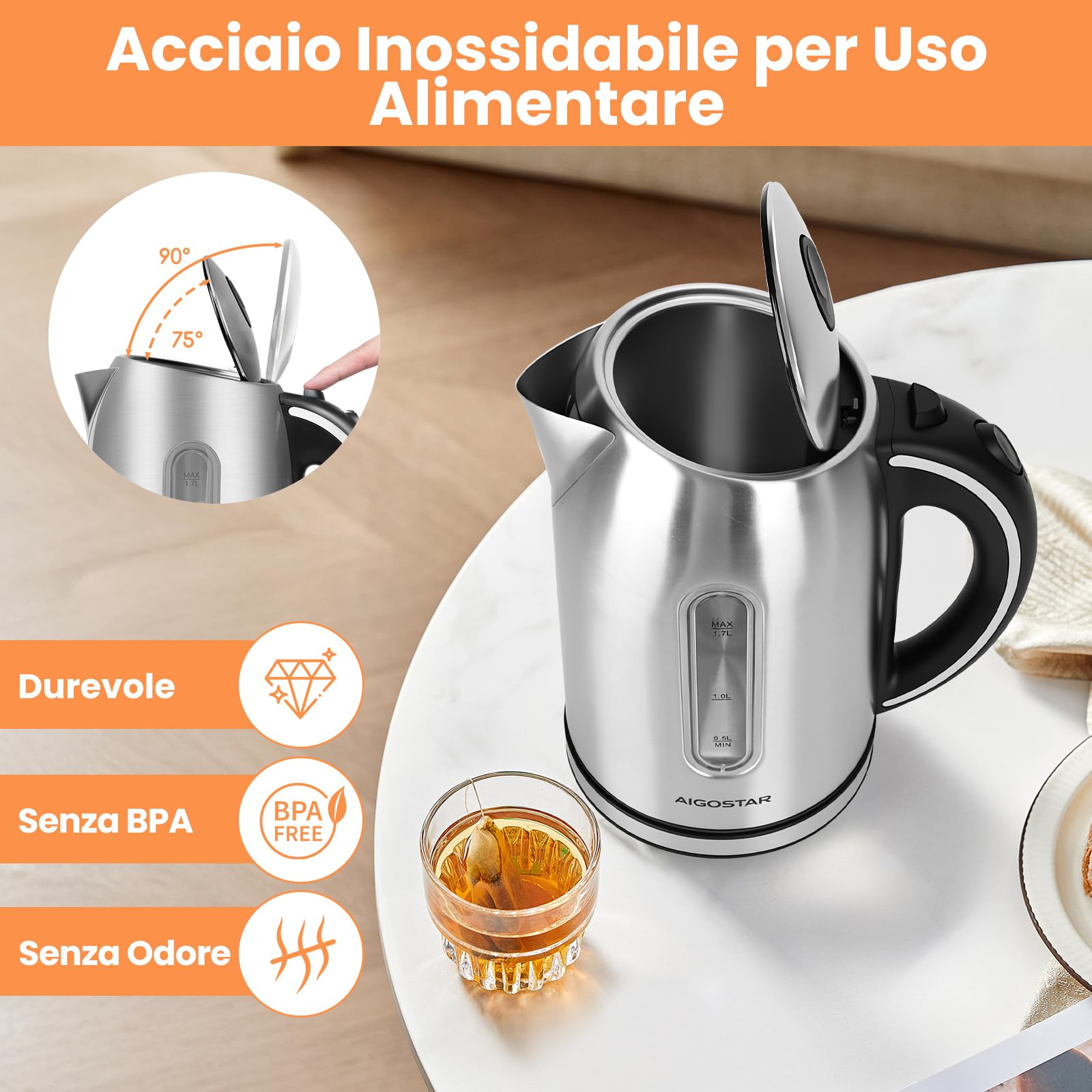 Aigostar Bollitore Elettrico Acciaio Inox 1,7 Litri - Bollitura Rapida Bollitore Acqua Elettrico 2200W, illuminazione a LED per il Livello Dell'acqua, Senza BPA, Con Filtro, Spegnimento Automatico