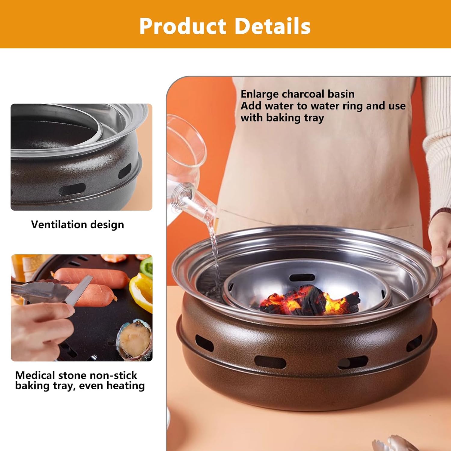 AIZYR Japanese Style BBQ Grill, Non-Stick Round Carbon Barbecue Grill Multifunctional Charcoal Grill Camping Grill for Home Picnic Garden Travel,Large