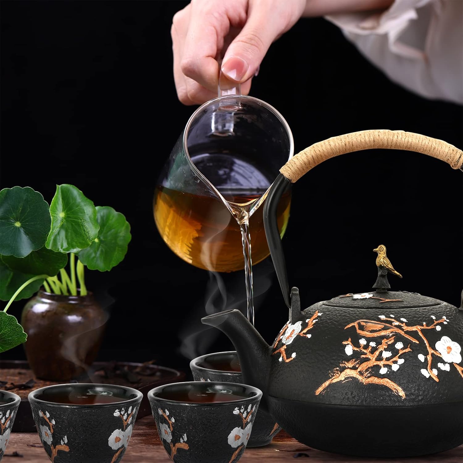 Dyna-Living Cast Iron Teapot 1200ml/40.6oz Japanese Tea Set with 4 Tea Cups Japanese Cast Iron Teapot with Infuser Japanese Tea Kettle Stovetop Gift for Tea Lover