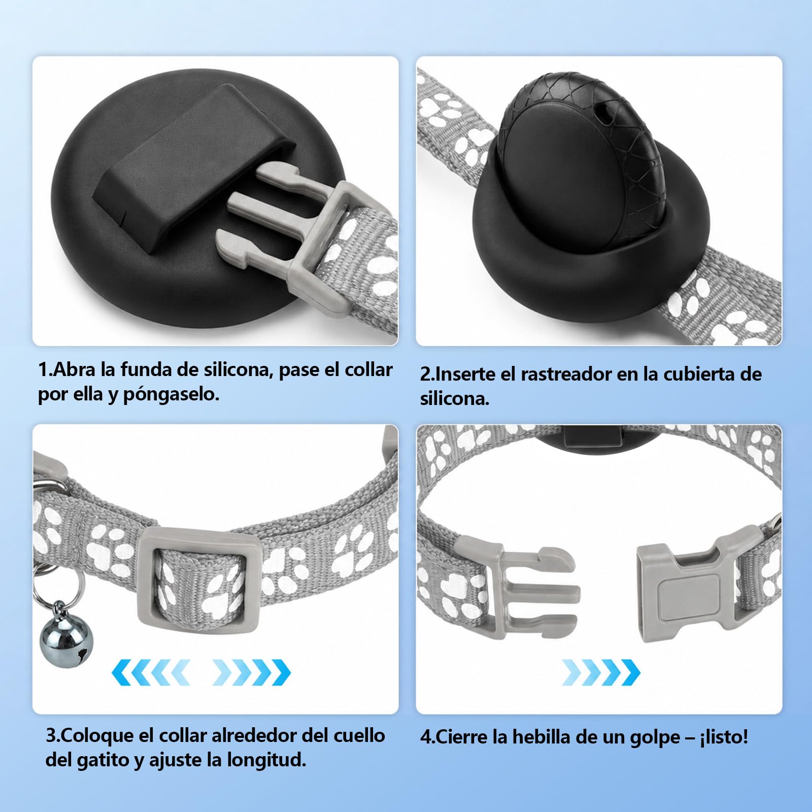 GPS Gatos, Localizador GPS Perros Compatible con Sistemas iOS y Android, GPS Perros/Gatos Sin Suscripción, Posicionamiento Global en Tiempo Real, Resistente al Agua IPX6, Collar Ajustable - Gris