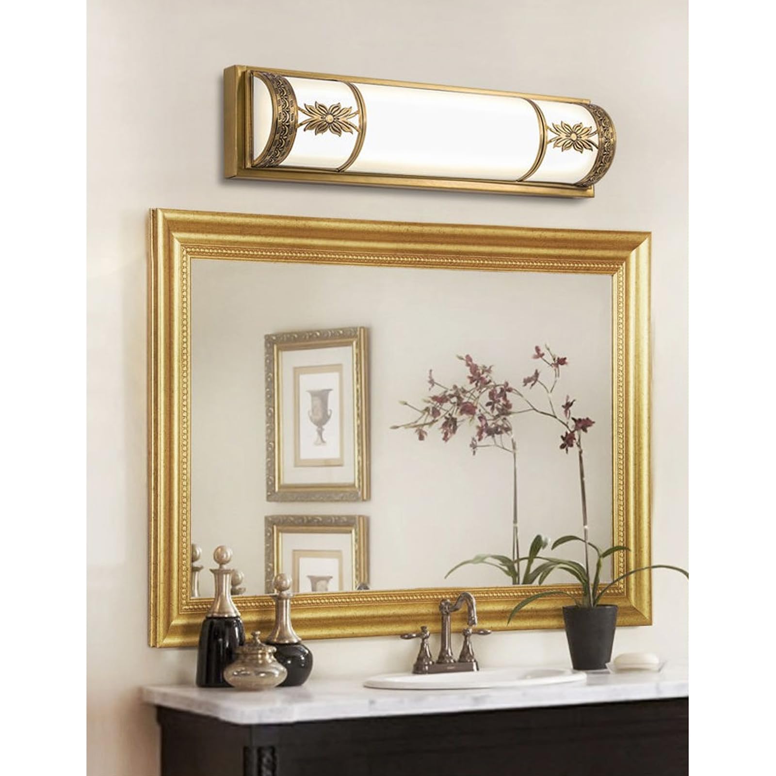 Luce Specchio Lampada da toletta a LED retrò Cinese Lampada da Bagno dimmerabile in Rame Pieno con Paralume in Vetro Lampada da Parete semicircolare per casa colonica di metà secolo Trucco