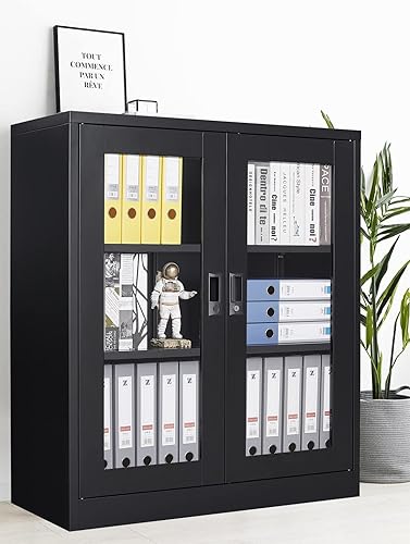 Miniatura 22 de SISESOL Armario de almacenamiento con puertas y estantes de vidrio, armario de despensa de cocina independiente para el hogar, oficina, baño Negro