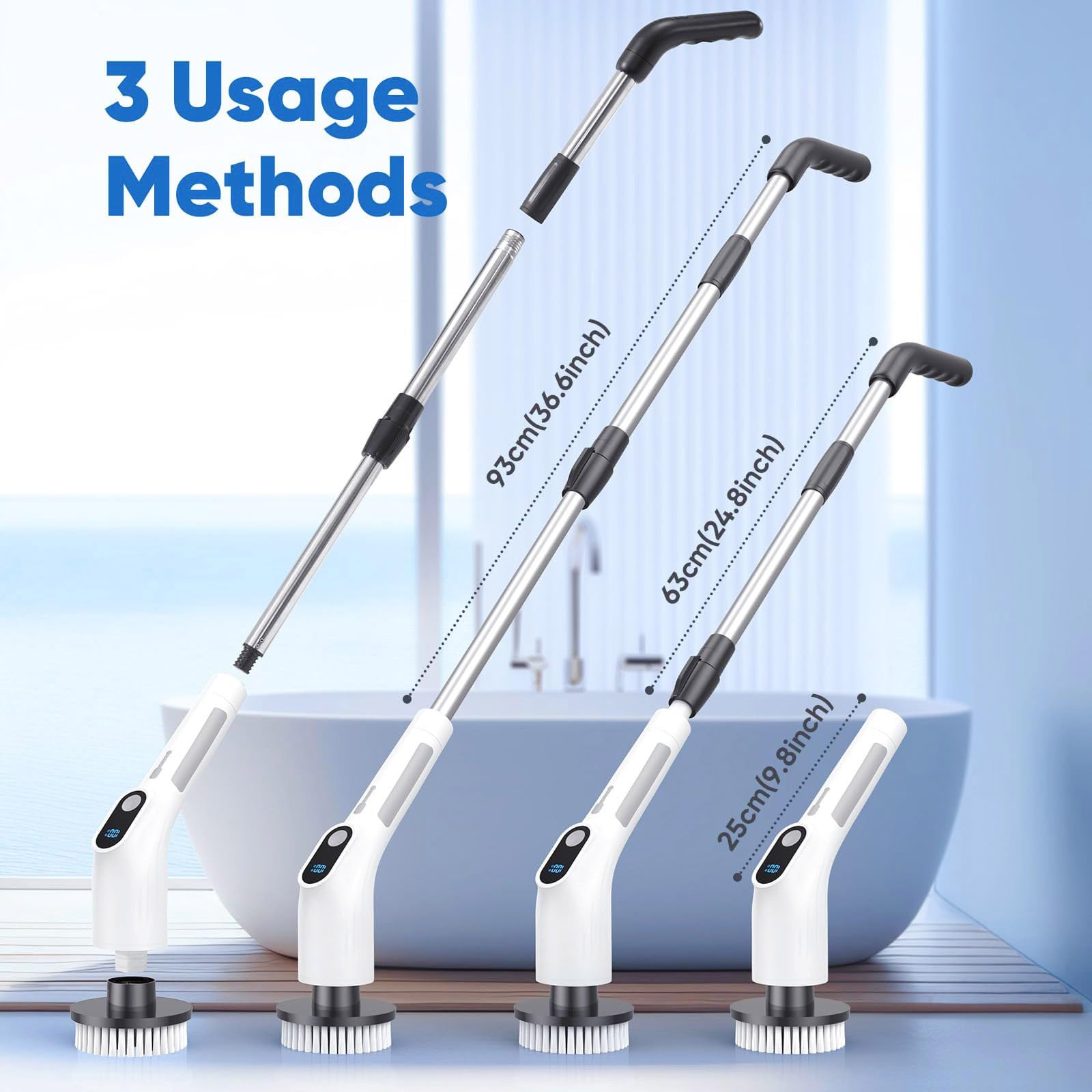 Fregadora Recargable, Cepillo de 3 Longitudes de Eje, 300-480RPM, Superficies de Fregadero de Cocina, fregadoras de baño inalámbricas para Azulejos y bañeras