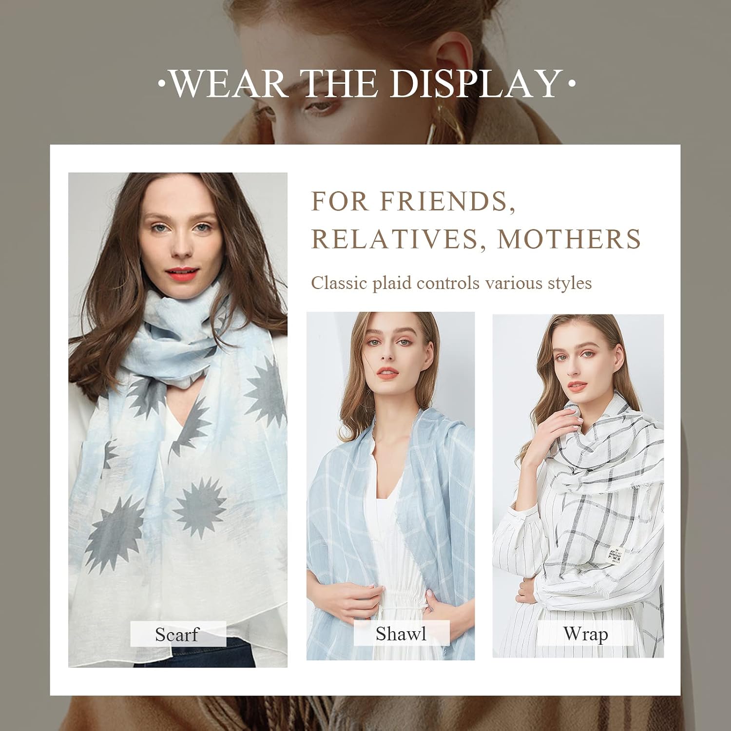 LumiSyne Flax Linen Scarf For Women Men Plaid Striped Print Lightweight Breathable Scarves Warm Stole Wrap Sunscreen Shawl