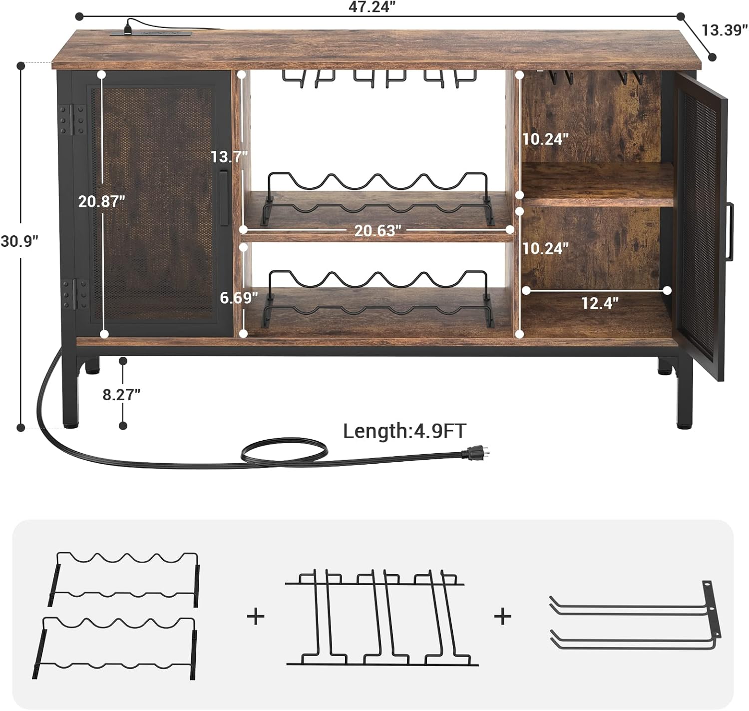 Homieasy Wine Bar Cabinet with Power Outlets & LED Lights, Industrial Coffee Bar Cabinet with Wine Rack for Home Bar, Liquor Bar Storage Cabinet for Home, Kitchen, Living Room, Rustic Brown