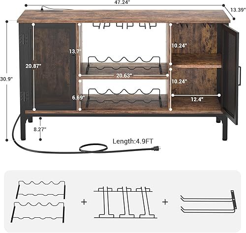 Miniatura 3 de Homieasy Armario para bar de vinos con tomas de corriente y luces LED, gabinete de licor industrial con estantes ajustables para vino, gabinetes de