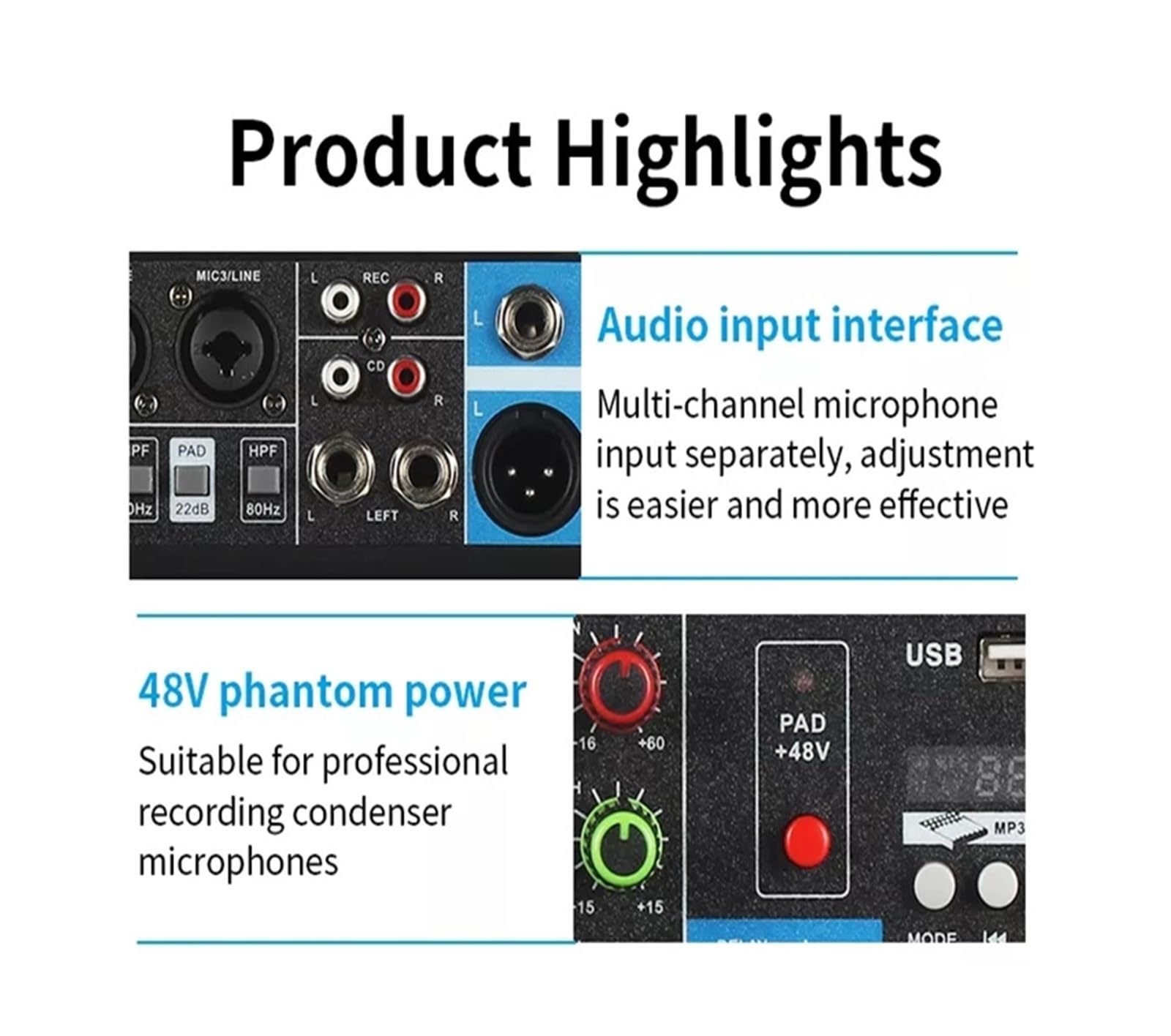 Mixer audio, Mixer DJ portatile professionale a 5 canali con alimentazione Phantom 48 V integrata, console di missaggio audio USB for trasmissione in diretta sul palco