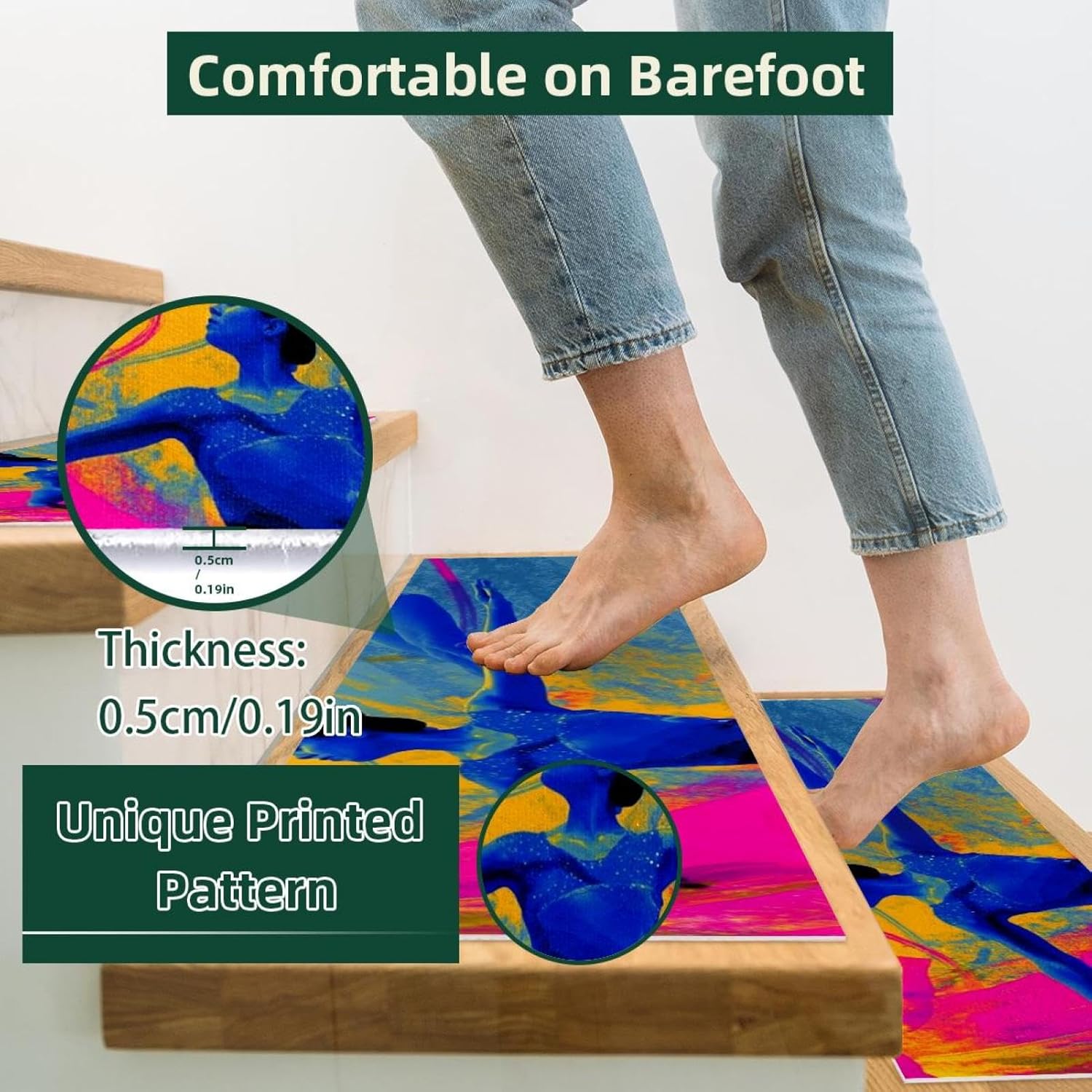 15 Pack Stair Treads for Wooden Steps, Indoor Non-Slip Staircase Step Treads Carpet Mat, Rhythmic Gymnastics Colorful (1) Stair Mats for Pets Dogs Elders 8x30In