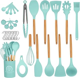 33 Pieces Kitchen Help Set, Silicone Cookware Set, Non-Stick Heat Resistant Wood Handle, Kitchen Cutlery with Utensil Holder, BPA Free Food-safe Kitchen Kit, Green