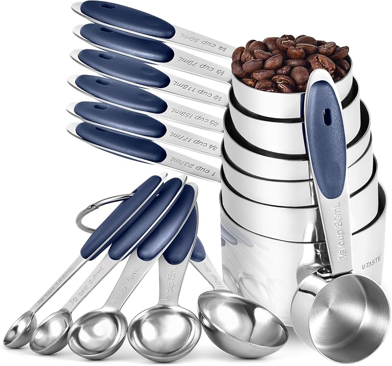 Juego de cucharas y tazas medidoras U-Taste, acero inoxidable 18/8, 12 piezas/azul medianoche | Mango engrosado mejorado, juntas soldadas reforzadas, diseño apilable anidado, juego de medidas de metal para cocinar en la cocina