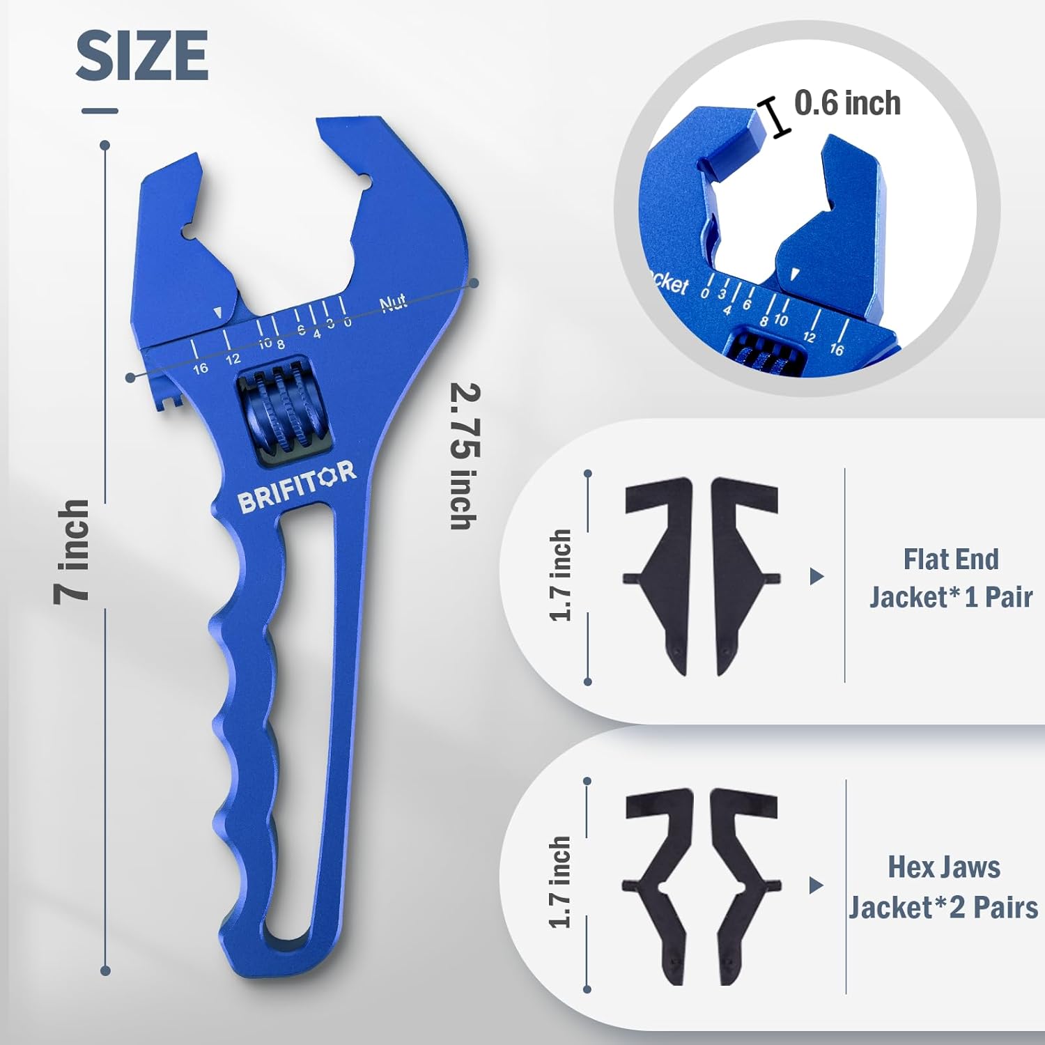 Non Marring AN Fittings Wrench Adjustable Aluminum AN Wrench For 3AN-16AN Hose End Fittings With Replaceable Hex Type & Flat Type Jaw Protectors, Blue.