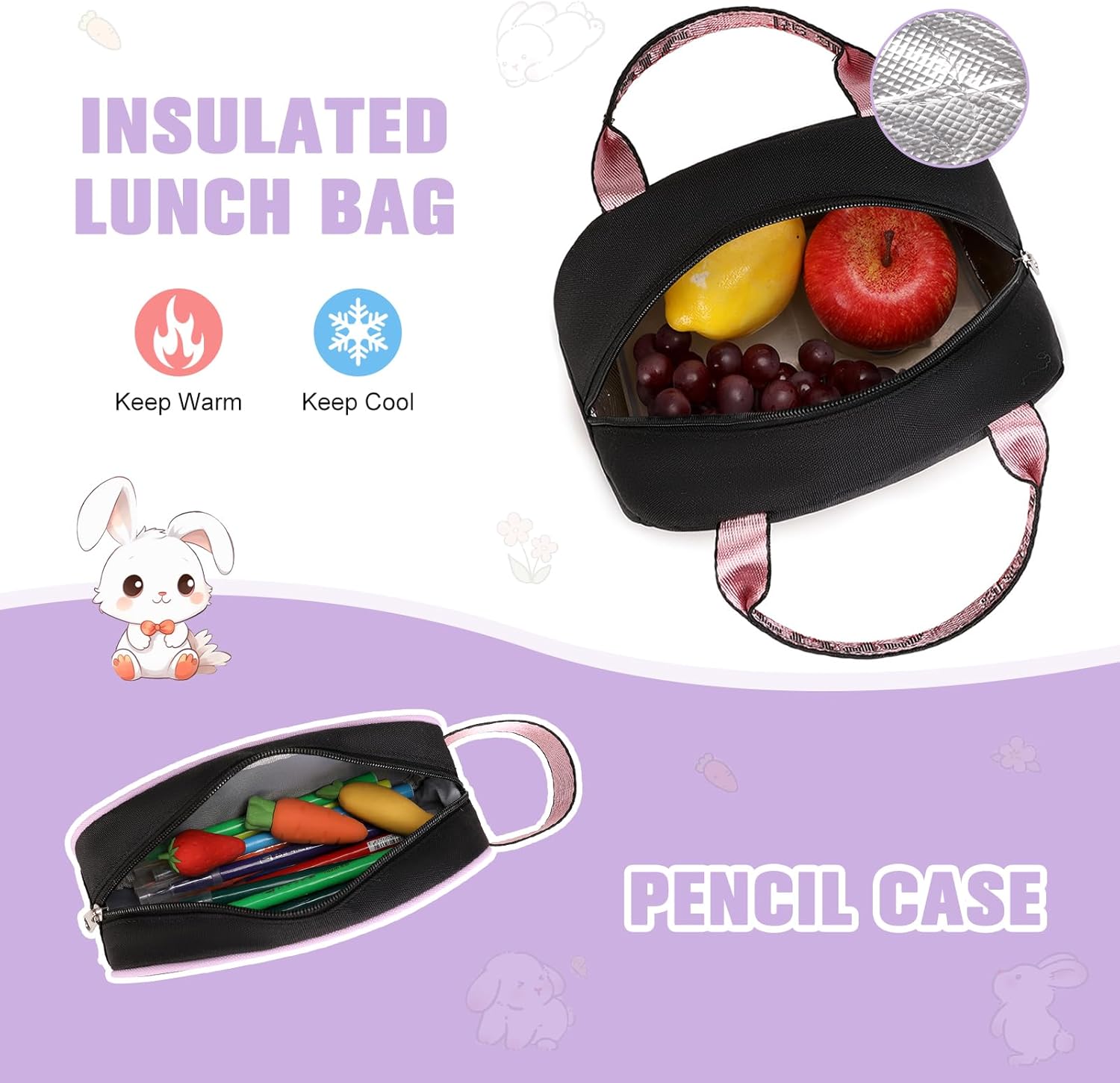 Bevalsa School Backpack for Girls, Backpack with Lunch Box & Pen Case, Bookbag for Girls Kids Elementary Middle High School Student 21L Children Schoolbag (Purple Black)