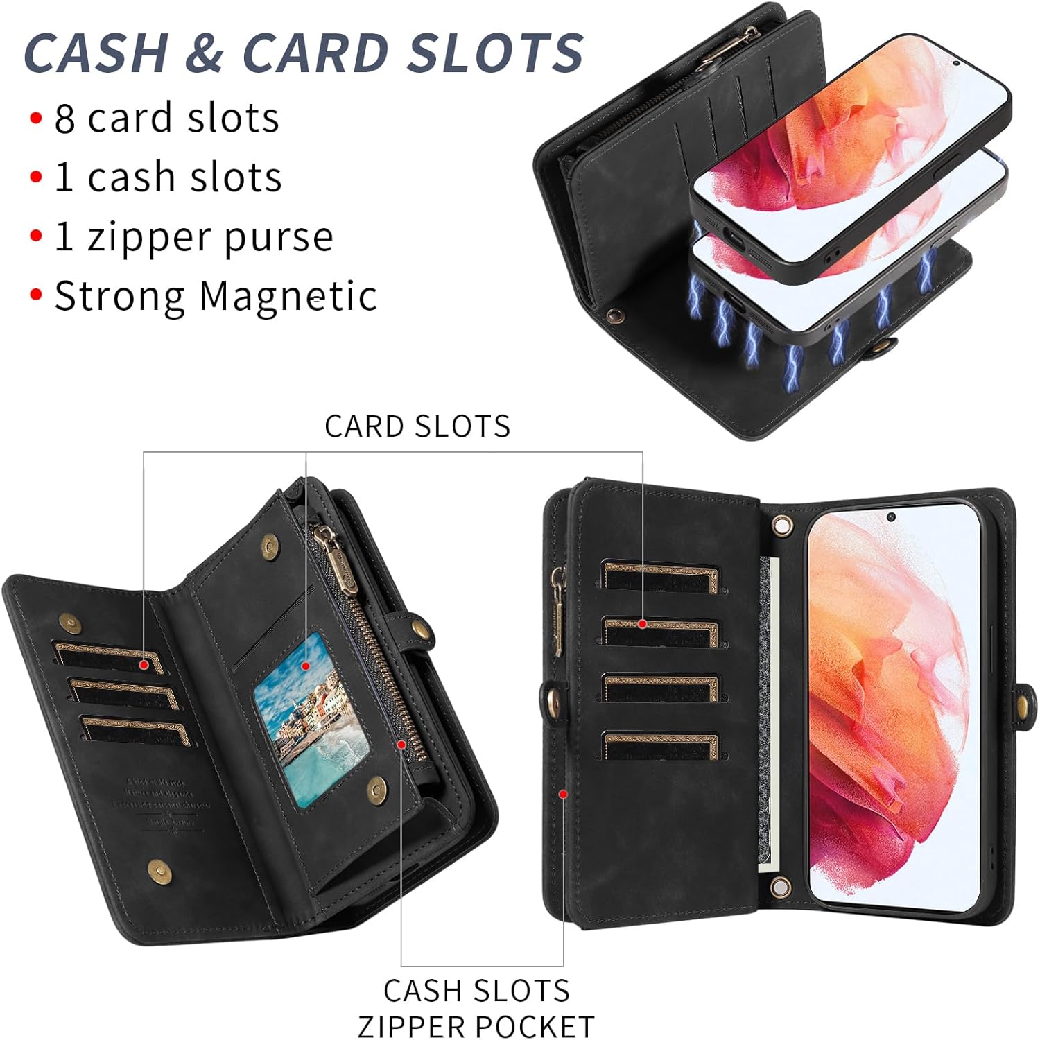 Asuwish Phone Case for Samsung Galaxy S21 5G 6.2 inch Zipper Wallet Detachable Cell Cover with Tempered Glass Screen Protector Crossbody Lanyard Strap Flip Card Holder S 21 21S G5 Women Girls Black