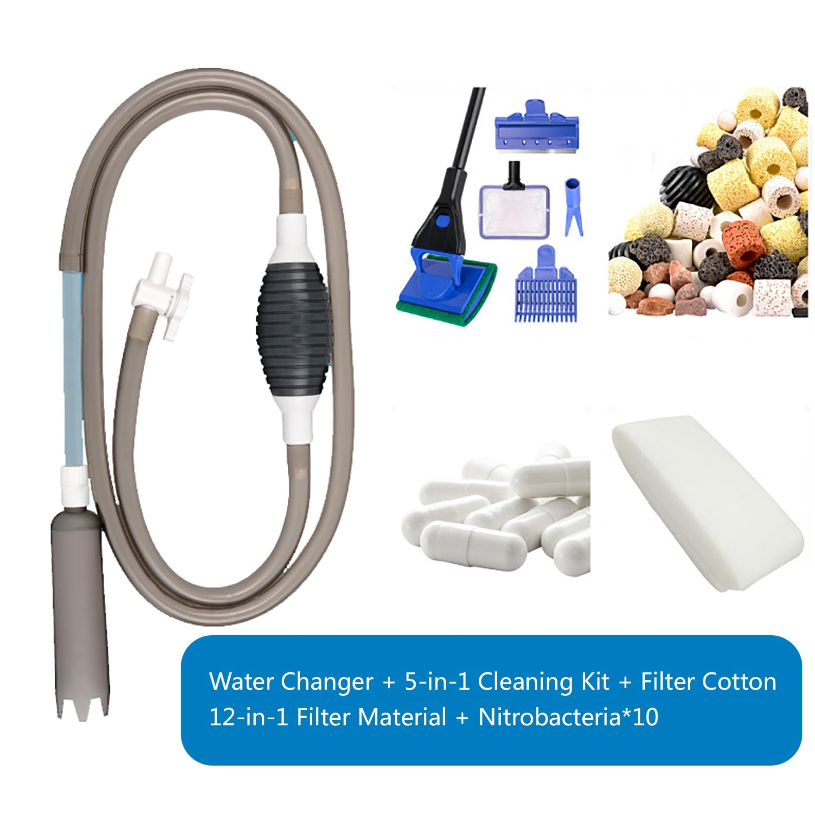 Herramientas De Limpieza para Acuarios, Manguera De Sifón Manual con Material Filtrante 12 En 1, Aspirador De Sifón para Peceras para Limpiar Grava y Arena