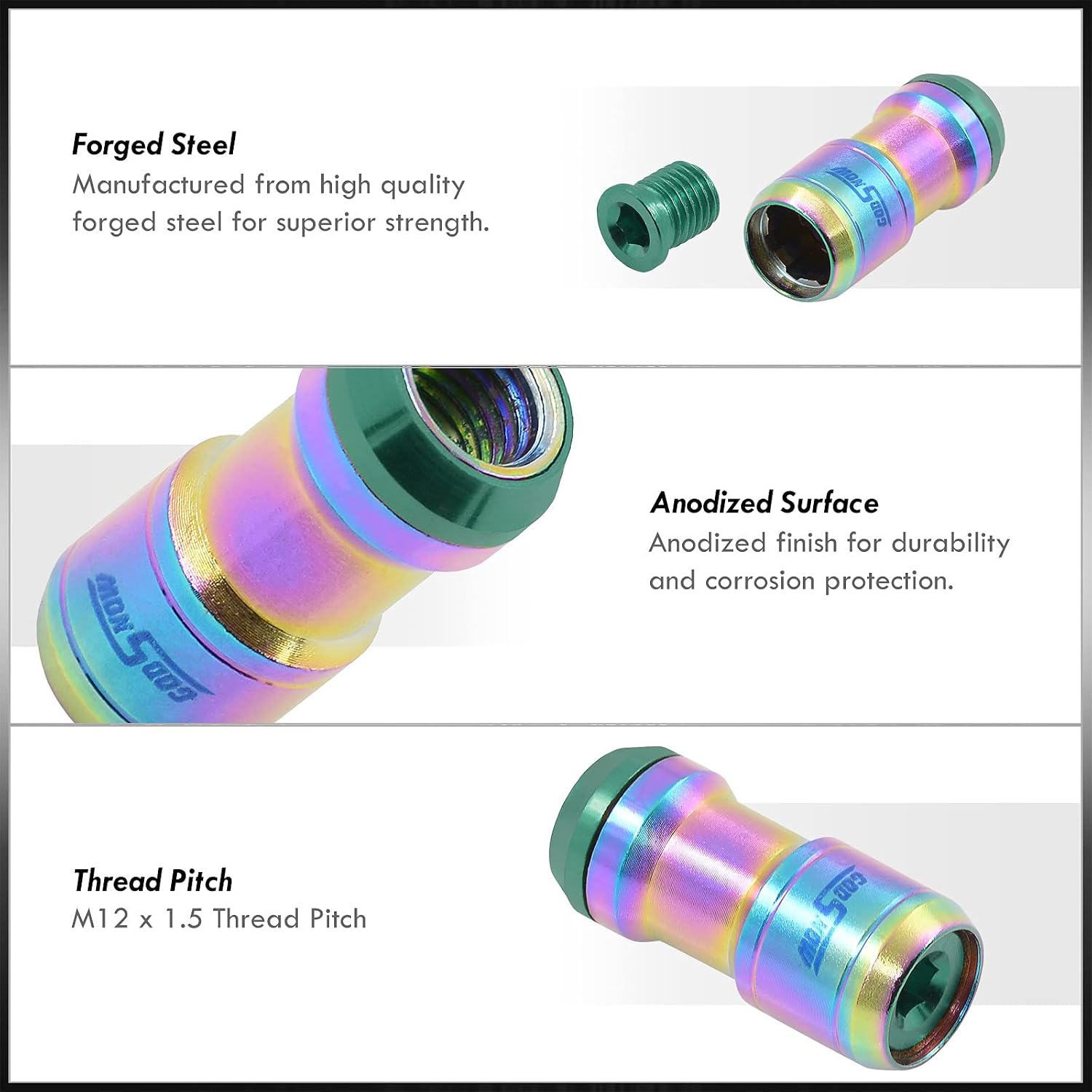 AJP Distributors 20 Piece Universal M12x1.5 Open or Closed End Steel Lug Nuts, 20pc M12 x 1.5MM Lug Nut Set + Locking Adapter Key Socket Wheels Rims JDM VIP Kit Neo Chrome Body Green Cap