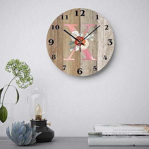 Miniatura 3 de Reloj de pared redondo de PVC con inicial y diseño de mármol rosa floral y rosa floral con monograma de 12 pulgadas estilo rústico para sala de