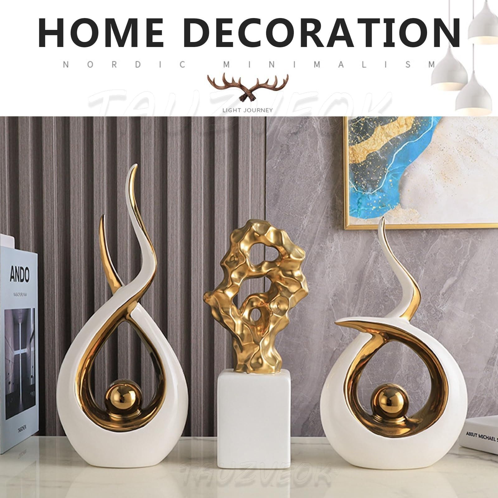 Regalos para Mujeres Escultura Decorativa Moderna de la Estatua Abstracta cerámica del Oro Blanco for el hogar Decoración para estanterías(Lucky B)