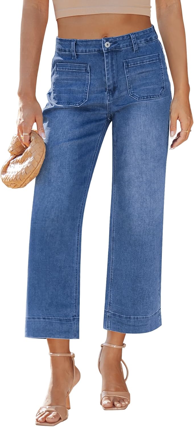 LookbookStore Wide Leg Cropped Jeans for Women High Waisted Stretchy Denim Jean Pants Baggy Flare Trouser Jeans Pockets