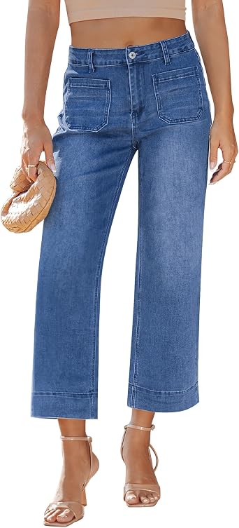LookbookStore Wide Leg Cropped Jeans for Women High Waisted Stretchy Denim Pants Baggy Flare Trouser Jeans Front Pockets