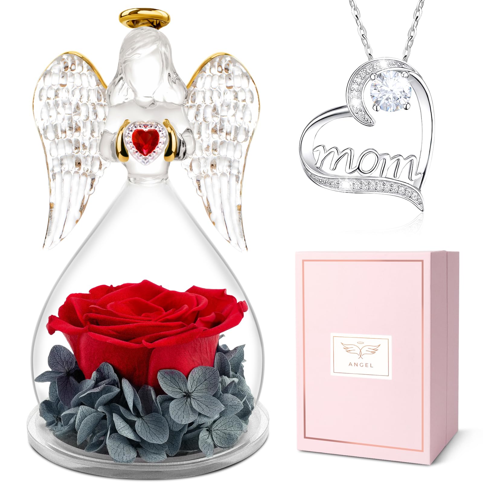 Miofula Regalos Dia de la Madre, Rosa Eterna con Collar Plata de Ley 925,Regalos Originales para Madres, Flores Preservadas Ángel Figura Regalo para Mujer Mama Abuela, Regalo Madre Cumpleaños Navidad